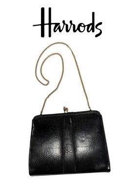 Harrods VINTAGE Black Genuine Lizard Kisslock Chain Strap Shoulder Bag